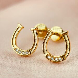 Horseshoe Studs Earrings Moissanite Gems S925 with 14k Gold Plated